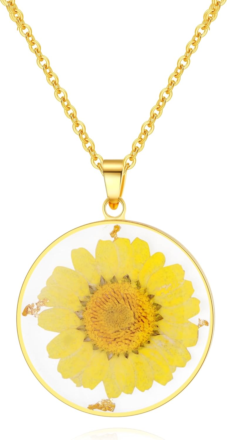 AUNTESIGN Store Forget-Me-Not and Queen Anne's Lace Pressed Wildflower Necklace | Birth Month Real Flower Necklace | Gold/Silver Pressed Flower Jewelry | Personalized Handmade Jewelry - Image 1